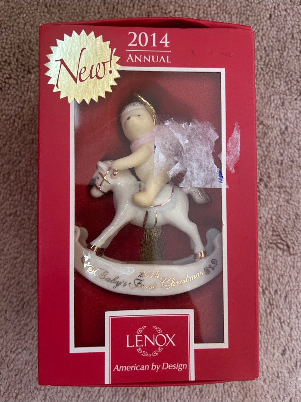 Lenox White and Gold Baby Rocking Horse 1st Christmas Ornament 2014